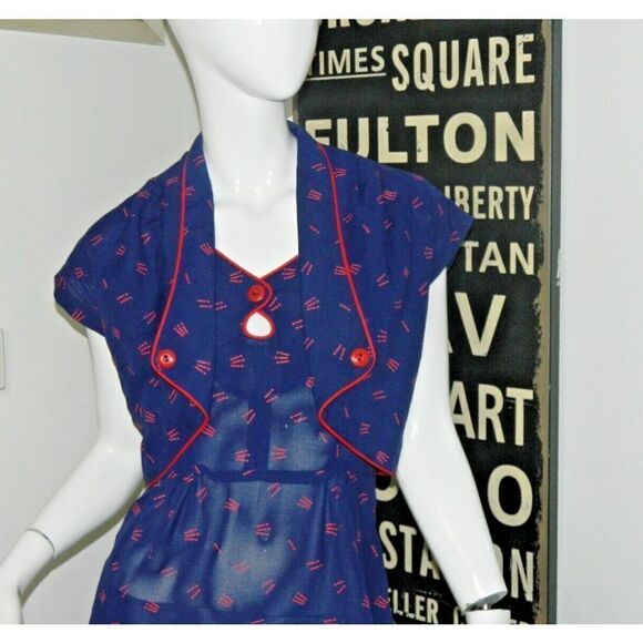 Young Edwardian Arpeja Dress Jacket Size 7 Vintage Blue Red Print Matchsticks - Picture 7 of 15